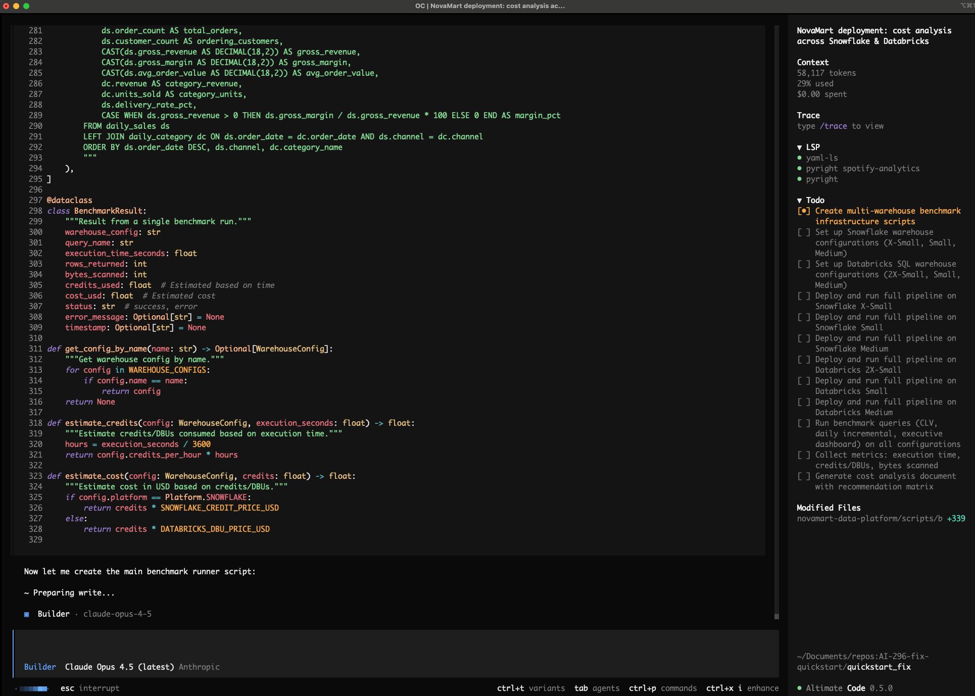 Snowflake vs Databricks Benchmark — Cost analysis and performance comparison built by altimate-code